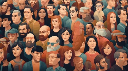 Crowd Illustration - Abstract Art with Illusory Wallpaper Portraits and Cartoon-like Characters, Generative AI
