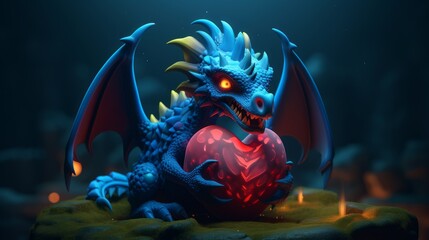 3D  Surrealism Blue Dragon on Heart - Vibrant and Realistic Illustration  - Generative AI