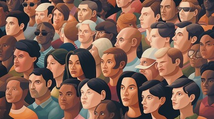 Crowd of People: Abstract Illustration with Illusory Wallpaper Portraits, Generative AI