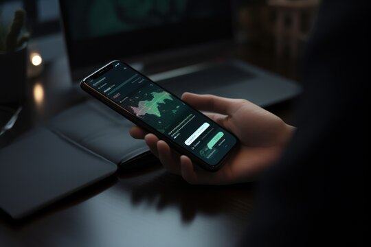 Engaging photograph of hands using an AI-powered financial planning tool on a smartphone, showcasing the efficiency and convenience of the technology. Created with generative A.I. technology.