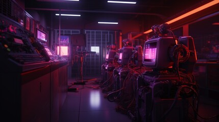 Robots in Manufacturing Factory - Futuristic Machine Aesthetics with Modern Style and Computer Screens - Generative AI