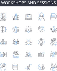 workshops and sessions line icons collection. Connection, Dialogue, Interaction, Exchange, Expression, Transmission, Outreach vector and linear illustration. Media,Signal,Language outline signs set