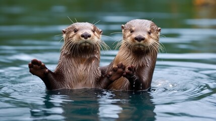 A pair of otters holding hands while floating on the. AI generated