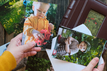Woman looks at printed photos for family photo album.