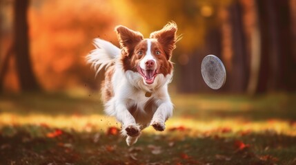A playful dog running after a frisbee. AI generated