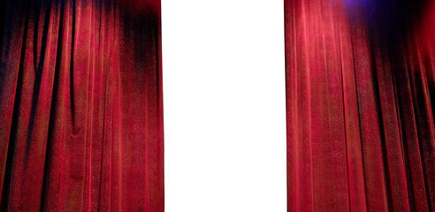 Elegant theater stage with opened red curtain ready to the performance
