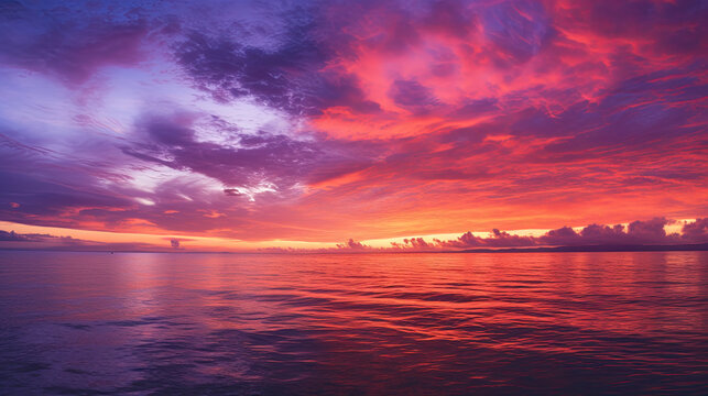 Photo of sunset over a calm ocean, with hues of orange, pink, and purple painting the sky generative ai