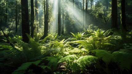 Photo of dense forest with tall trees, ferns, and bushes, with shafts of sunlight breaking through the canopy generative ai