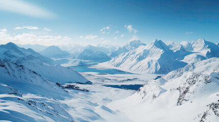 Fototapeta na wymiar Photo of a mountain range covered in snowbirds frozen water eye view generative ai