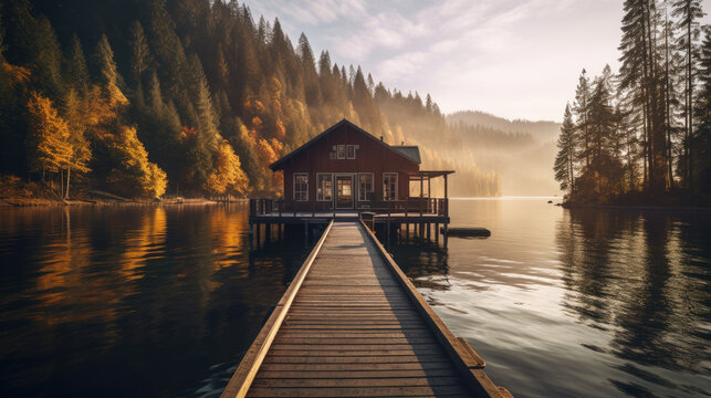 Photo of the lakeside cabin with a wooden dock trees in the dstance generative ai