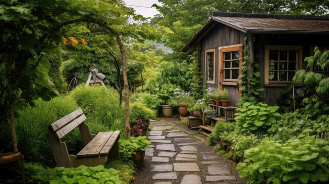 Photo of a cottage garden with a stone pathway generative ai