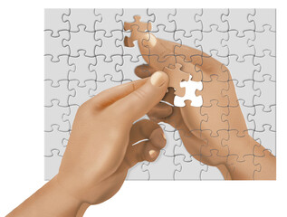 IRONIC JIGSAW PUZZLE-A puzzle of a hand holding a puzzle pieces is completed by an identical hand holding the last piece of the puzzle. But wait, the entire image is a puzzle piece being held 