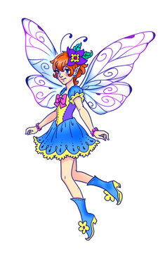 beautiful coloring book contour illustration with little pixie princess among butterflies