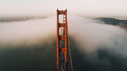 Photo of Golden Gate Bridge Drone Angle View Foggy Stock Generative AI Image