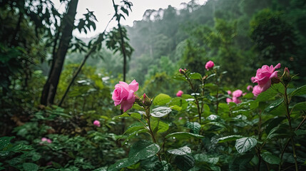 High Detail Photo of Pink Rose Focused Background HD Rainforest Generative AI Image 