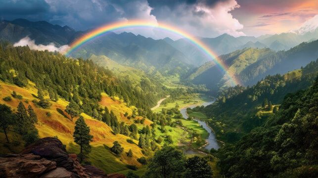 Photo of a vibrant rainbow over a lush green valley generative ai 
