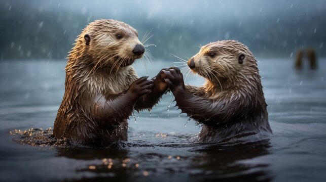 A Playful Sea Otter Holding Hands With A Companion. AI Generated