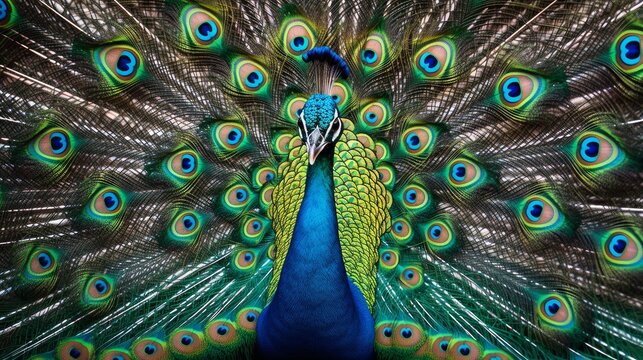 A proud peacock displaying its feathers. AI generated