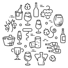 Wine linear icon set. Alcohol drinking concept