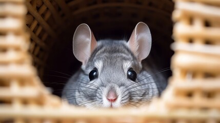 A shy chinchilla peeking out from its cage. AI generated