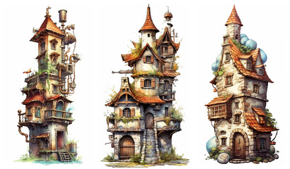 Watercolour fantasy tiny rustic house. Fantasy set of illustrations on a white background. Fussy cuts, greeting cards and envelopes artwork project set 20.