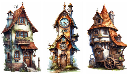 Watercolour fantasy tiny rustic house. Fantasy set of illustrations on a white background. Fussy cuts, greeting cards and envelopes artwork project set 18.