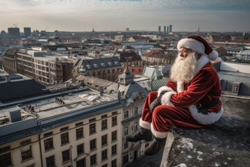 Santa Claus sitting on a roof top and watching the city life - obrazy, fototapety, plakaty