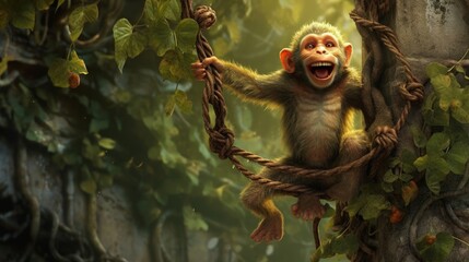 A silly monkey swinging on vines. AI generated