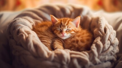 Fototapeta na wymiar A sleeping kitten curled up in a cozy bed. AI generated