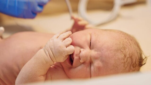 Crying newborn baby on the table. Medic in latex gloves attaches the wire to a child&rsquo;s hand. Close up.