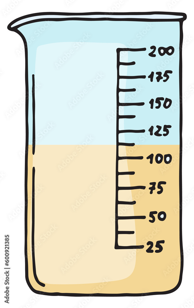 Sticker Lab beaker with chemical liquid. Color doodle icon