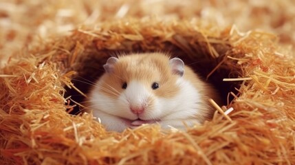 A sleepy hamster curled up in a fluffy nest of hay. AI generated
