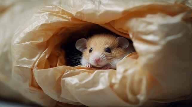 A sleepy hamster curled up in a tissue paper nest. AI generated