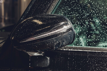 Close up of paint protection film installation on side mirror of modern luxury car. PPF is...