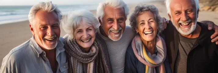 Group of smiling seniors at the beach looking at the camera. Generative AI 