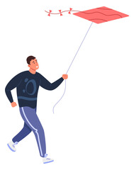 Man running with kite. Happy person in summer outdoor