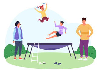 Sport family activity summer scene. Kids jumping on trampoline