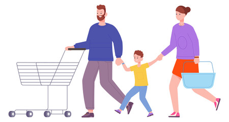 Family shopping with empty cart. Happy parents with kid in supermarket