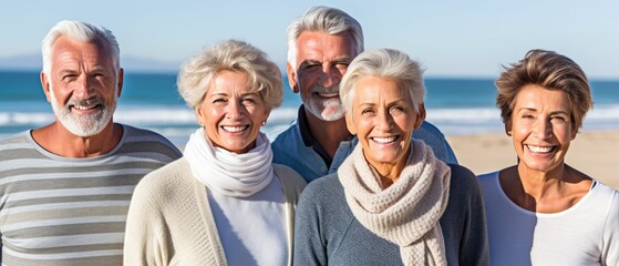 Group of smiling seniors at the beach looking at the camera. Generative AI	