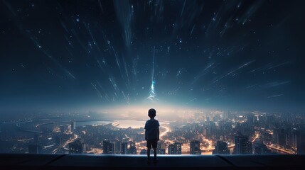sci-fi fantasy dreamer boy looking at starry night sky with futuristic cityscape as background, Generative Ai