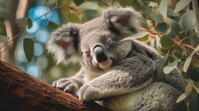 A sleepy koala snuggled in a eucalyptus tree. AI generated