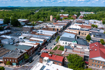 Aerial View of Buildings on Main Street in Farmville Virginia on a Sunny Day Looking North