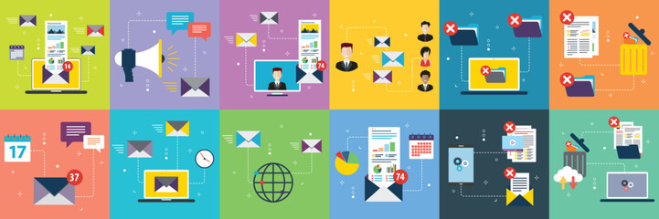 Illustrations collection of marketing, communication, business,  technology and strategy. Flat design icons in vector illustration. 