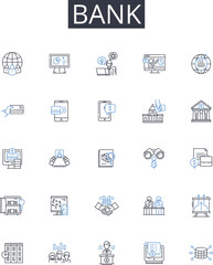 Bank line icons collection. Planning, Execution, Scope, Timeline, Risk, Communication, Stakeholders vector and linear illustration. Planning tools,Budget,Integration outline signs set