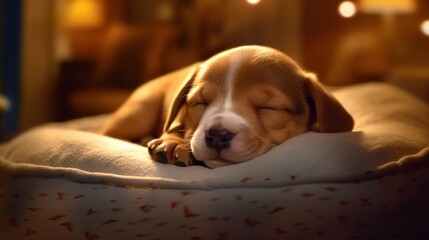 Obraz premium A sleepy puppy snoring softly in its bed. AI generated