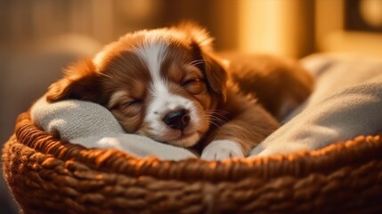 A sleepy puppy snoring softly in its bed. AI generated
