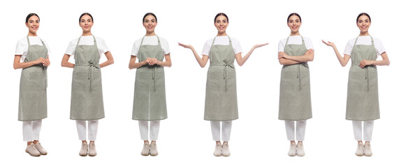 Collage with photos of woman in apron on white background