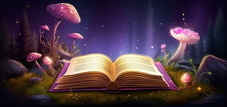 enchanted magic fairytale book with fantasy scene pop up on page, fairy forest with big tree with glitter glow light at night time, Generative Ai