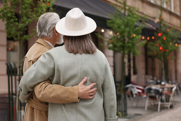 Affectionate senior couple walking outdoors, back view. Space for text