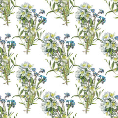 Seamless pattern with watercolor bouquet with apple tree flowers and forget me not on white background. Wild flower. Spring summer plants for invite on celebration wedding. Wallpaper or wrapping